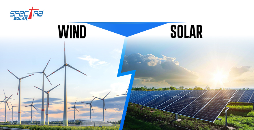 Comparison of wind energy and solar energy featuring wind turbines and solar panels, highlighting renewable energy solutions by Spectra Solar.