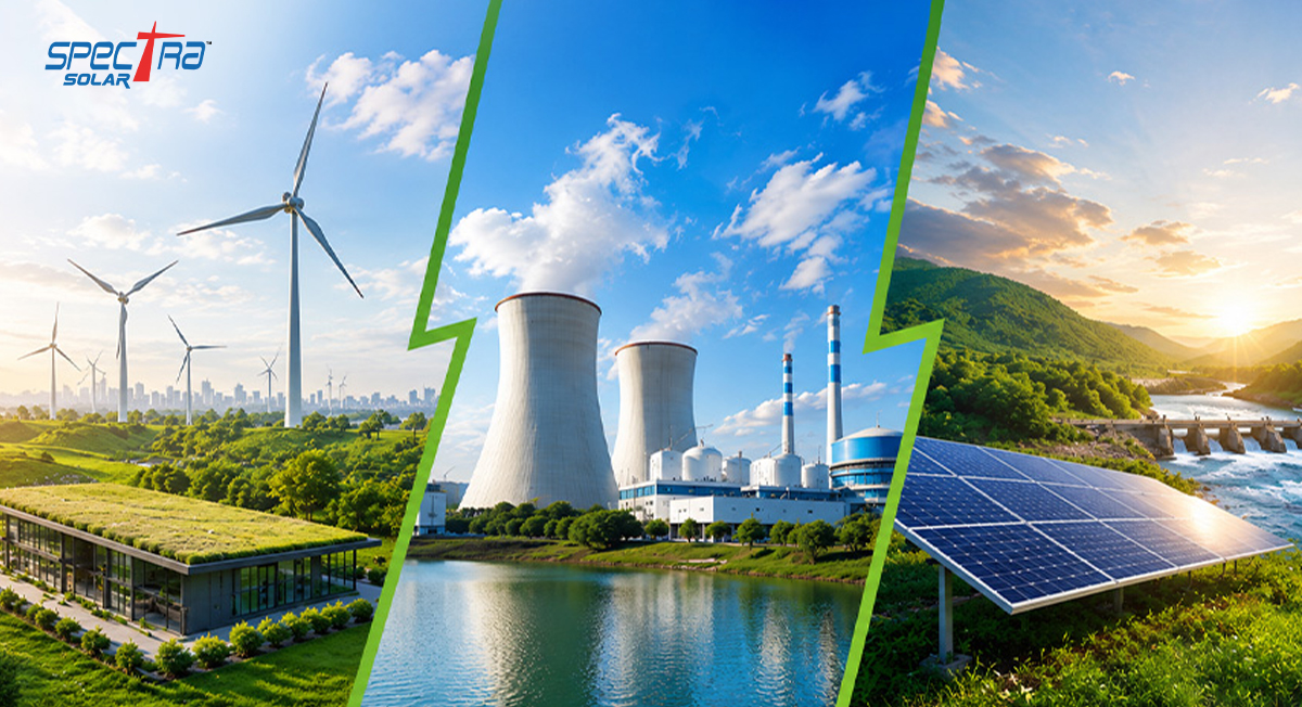 Comparison of green energy, clean energy, and renewable energy showing key differences, environmental impact, and industrial applications.