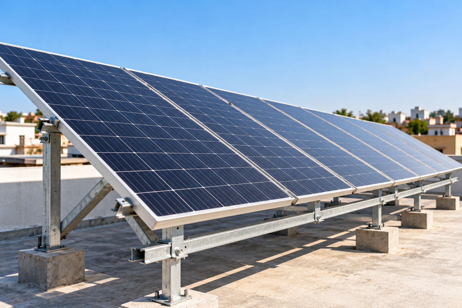 Rooftop solar panels on a flat-roof house in Haryana