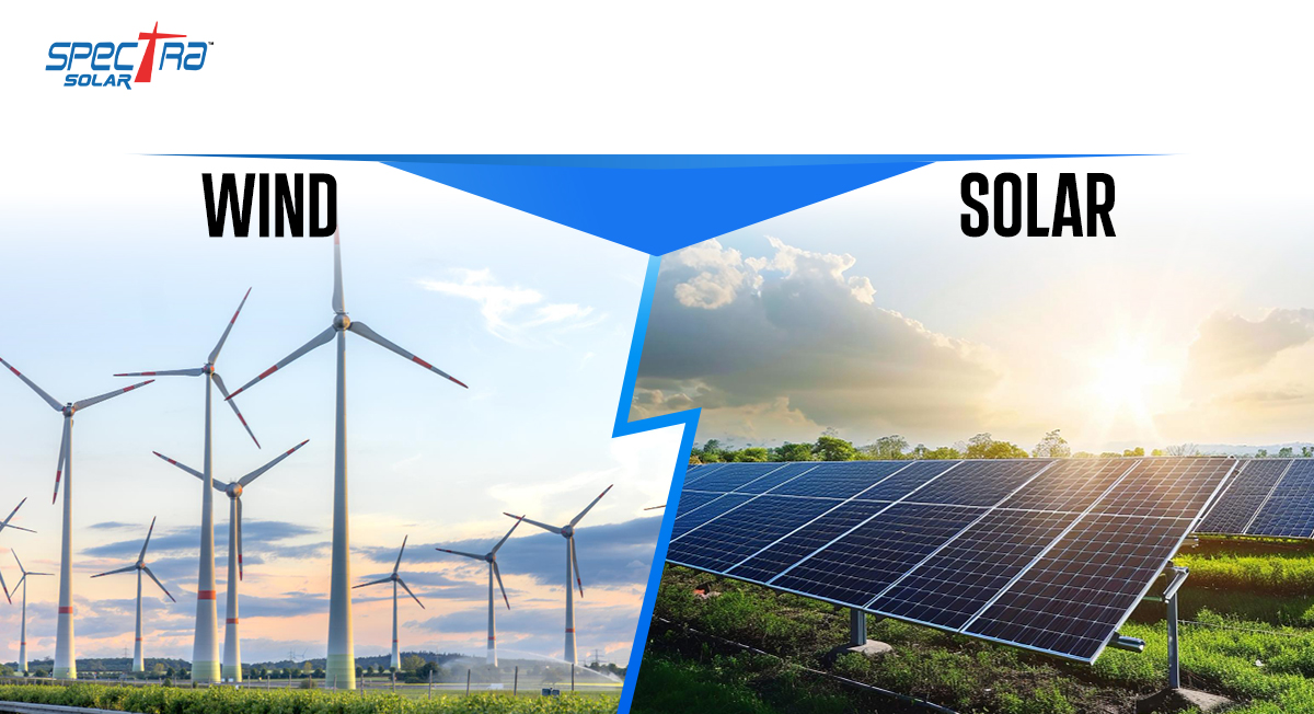 Comparison of wind energy and solar energy featuring wind turbines and solar panels, highlighting renewable energy solutions by Spectra Solar.